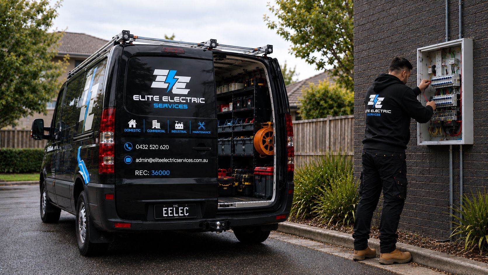 Elite Electric Services van and electrician working on-site